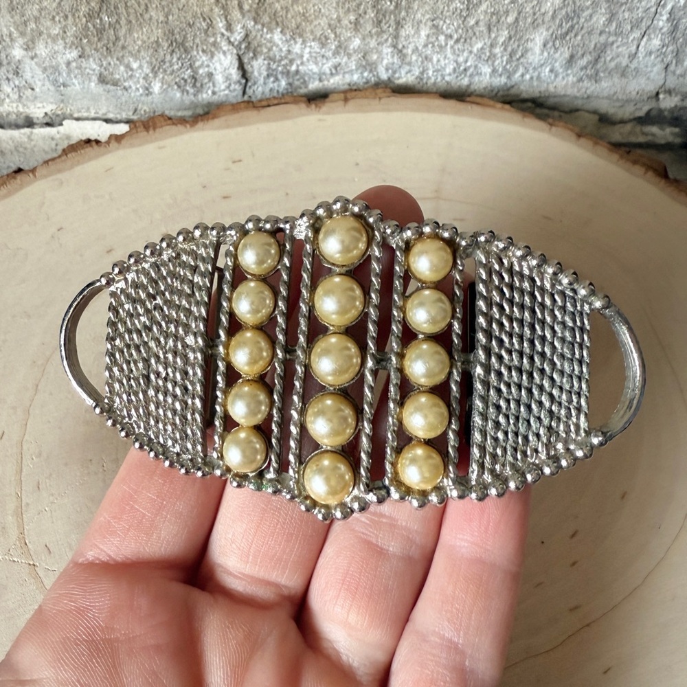 Vintage Silver Tone and Faux Pearl Belt Buckle